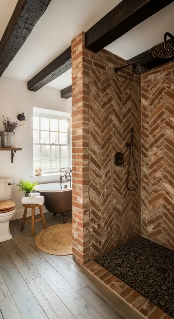 exposed-brick-shower-with-rustic-beams