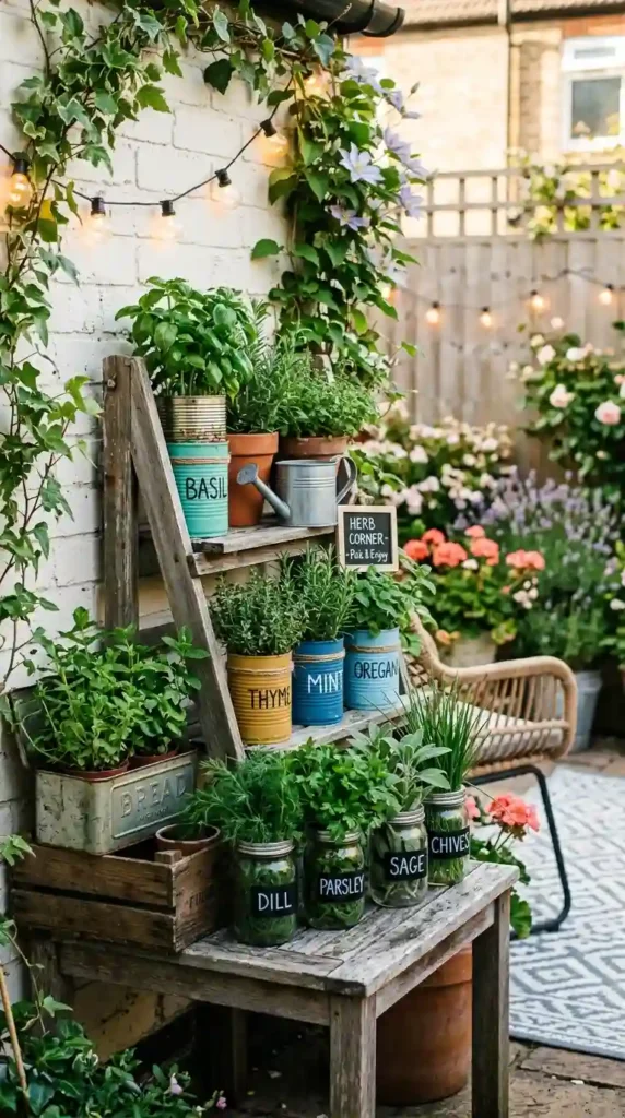 kitchen-herb-corner-in-recycled-containers